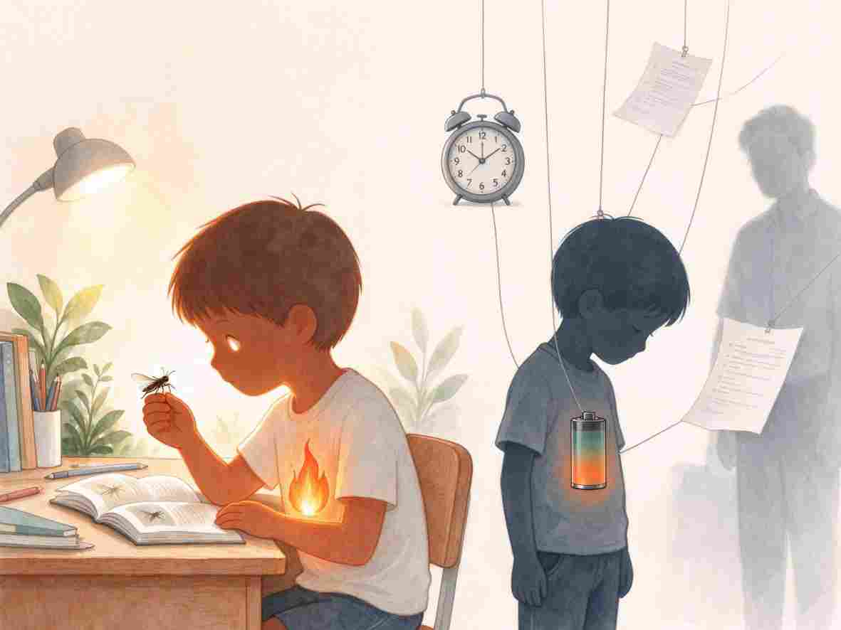 主动探索的孩子与受到外部压力影响的孩子形成对照的插画