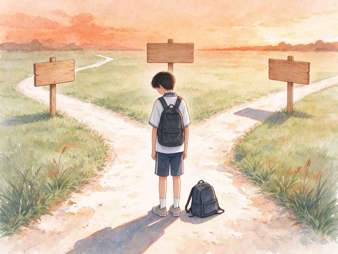 背着书包的学生站在多条分岔道路前思考方向的插画