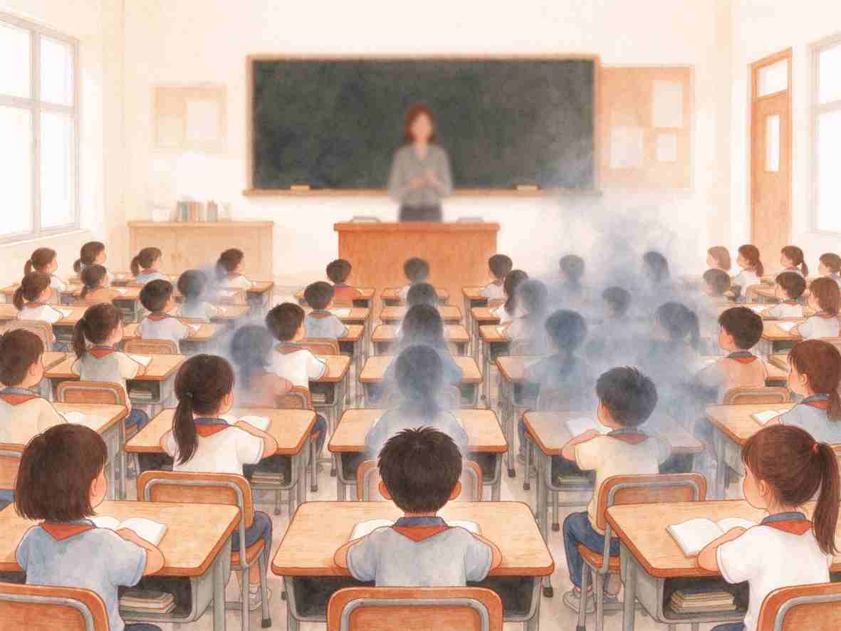 教师在课堂上授课，部分学生周围浮现灰色云雾的插画