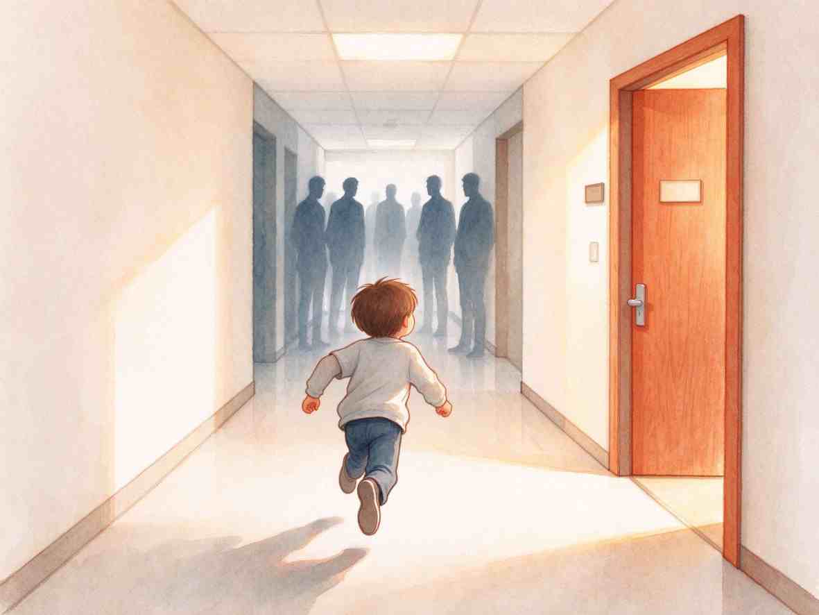 孩子沿着校园走廊跑开，前方出现人群剪影的插画
