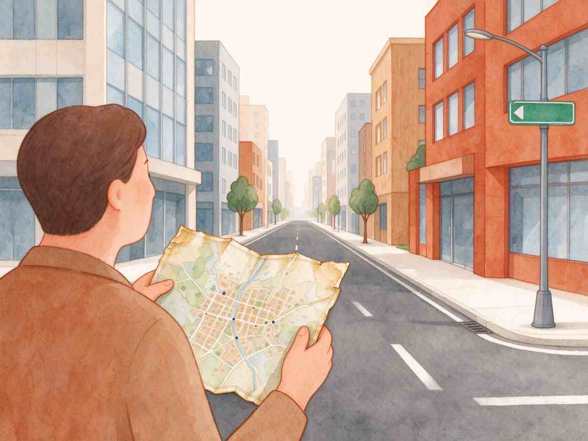 年轻人手持地图，在城市街道中寻找方向的插画
